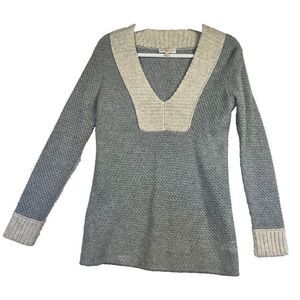 Tory Burch 100% Cashmere Waffle Knit V-Neck Tunic Sweater Gray Cream Color Block